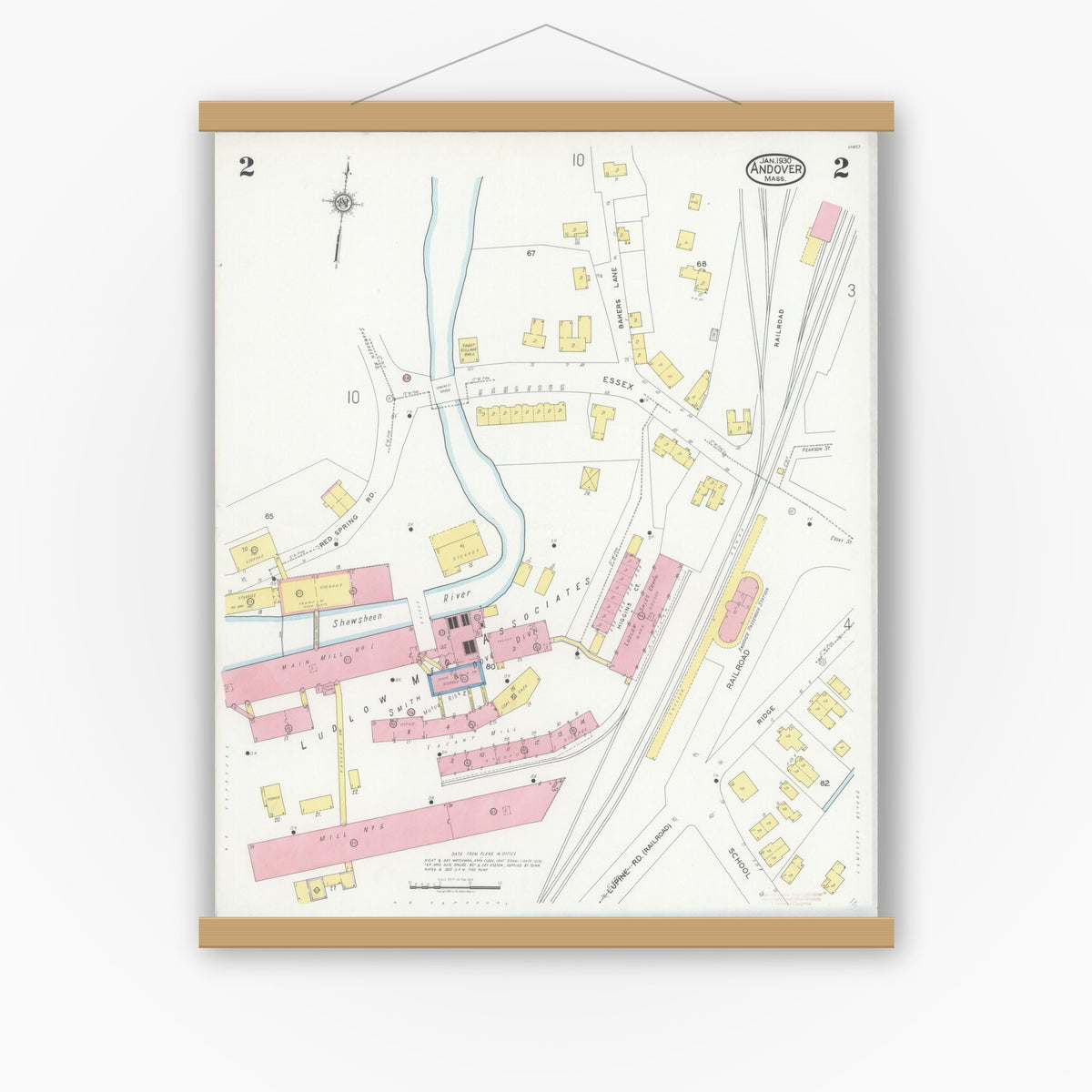 Old map wall art mockup — magnetic wood frame on white wall — Sanborn Fire Insurance Map from Andover, Essex County, Massachusetts (1930), Sheet #0002