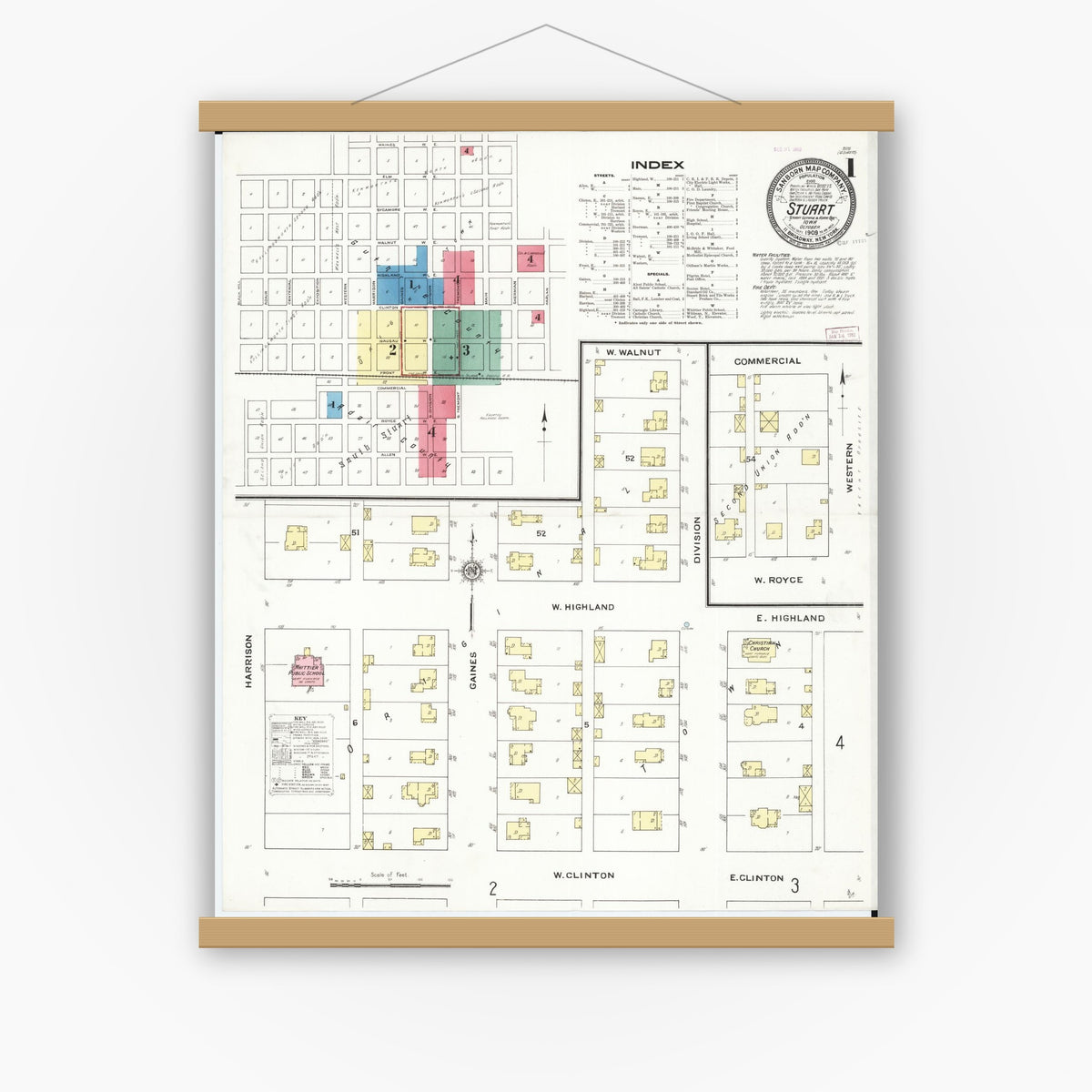 Old map wall art mockup — magnetic wood frame on white wall — Sanborn Fire Insurance Map from Stuart, Guthrie and Adair Counties, Iowa (1909) â€” Complete Set