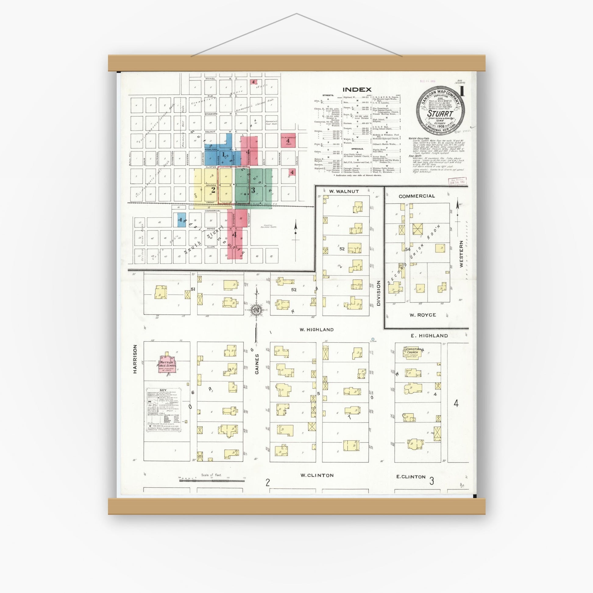 Old map wall art mockup — magnetic wood frame on white wall — Sanborn Fire Insurance Map from Stuart, Guthrie and Adair Counties, Iowa (1909) â€” Complete Set