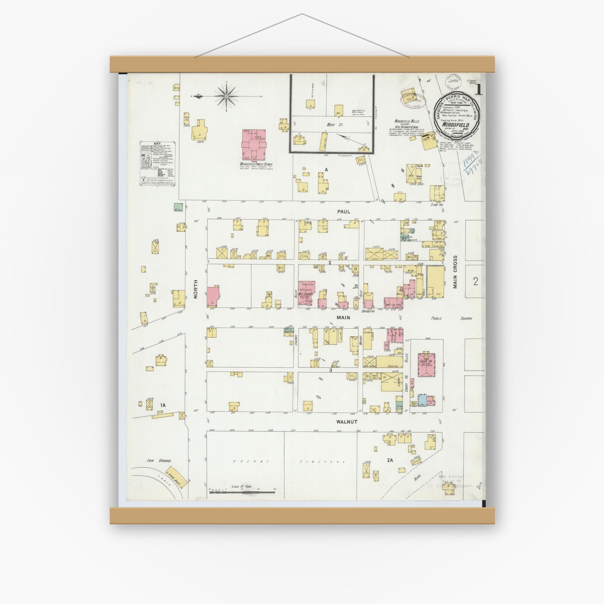 Old map wall art mockup — magnetic wood frame on white wall — Sanborn Fire Insurance Map from Woodsfield, Monroe County, Ohio (1899), Sheet #0001