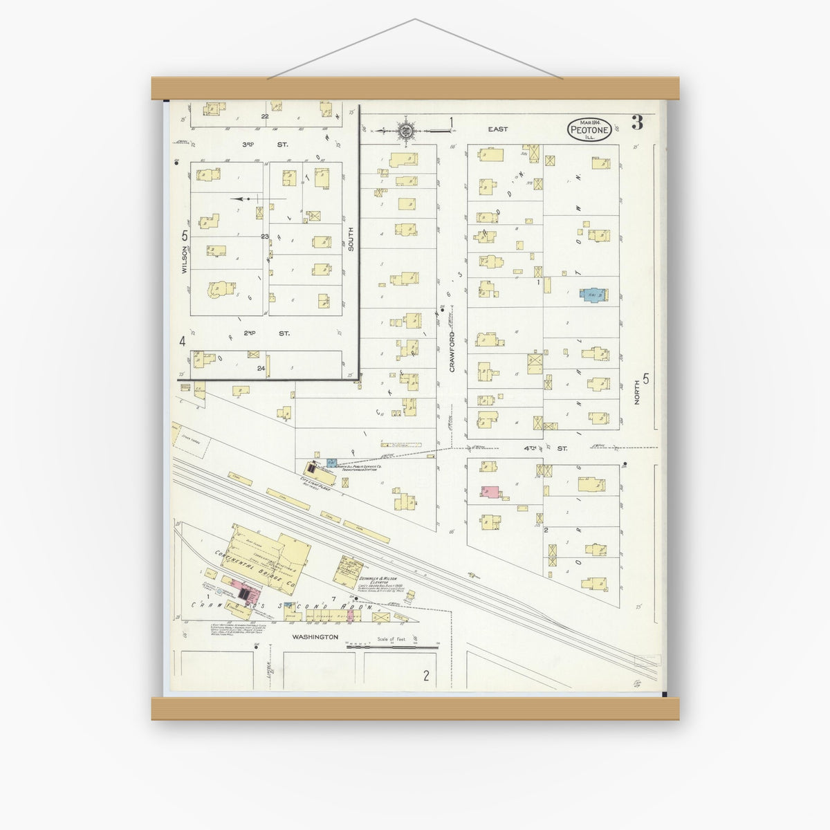 Old map wall art mockup — magnetic wood frame on white wall — Sanborn Fire Insurance Map from Peotone, Will County, Illinois (1914), Sheet #0003