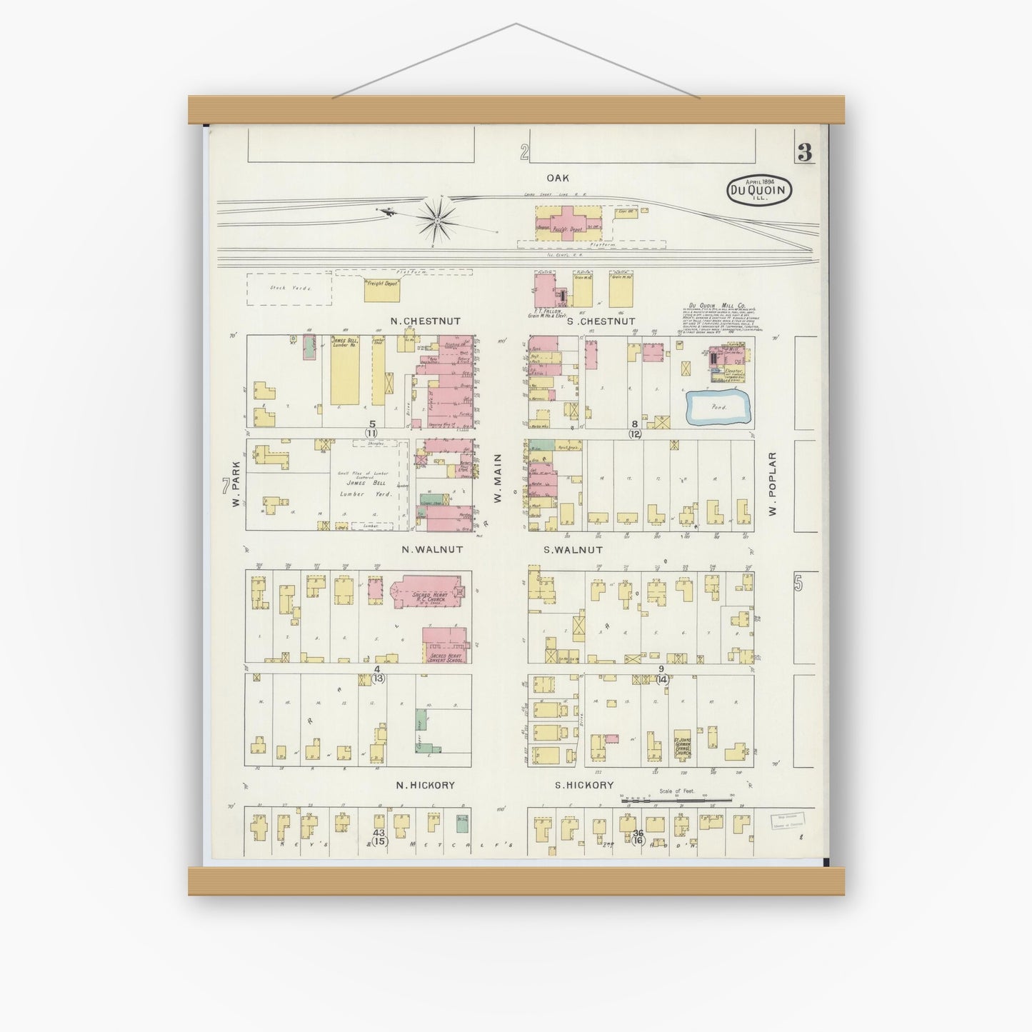 Old map wall art mockup — magnetic wood frame on white wall — Sanborn Fire Insurance Map from Du Quoin, Perry County, Illinois (1894), Sheet #0003