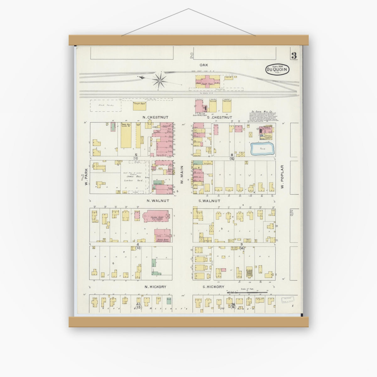 Old map wall art mockup — magnetic wood frame on white wall — Sanborn Fire Insurance Map from Du Quoin, Perry County, Illinois (1894), Sheet #0003