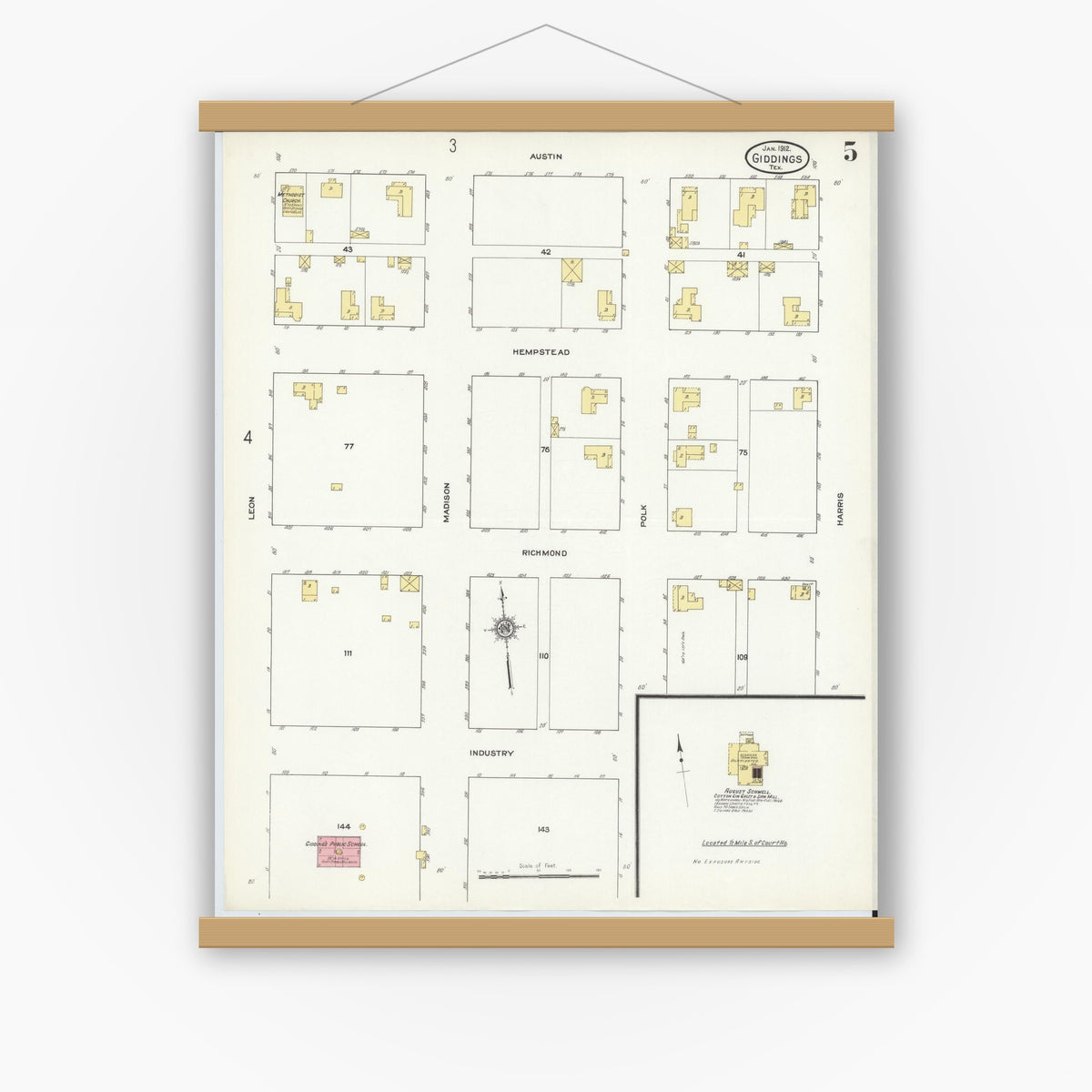 Old map wall art mockup — magnetic wood frame on white wall — Sanborn Fire Insurance Map from Giddings, Lee County, Texas (1912), Sheet #0005