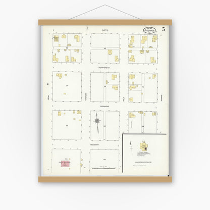 Old map wall art mockup — magnetic wood frame on white wall — Sanborn Fire Insurance Map from Giddings, Lee County, Texas (1912), Sheet #0005