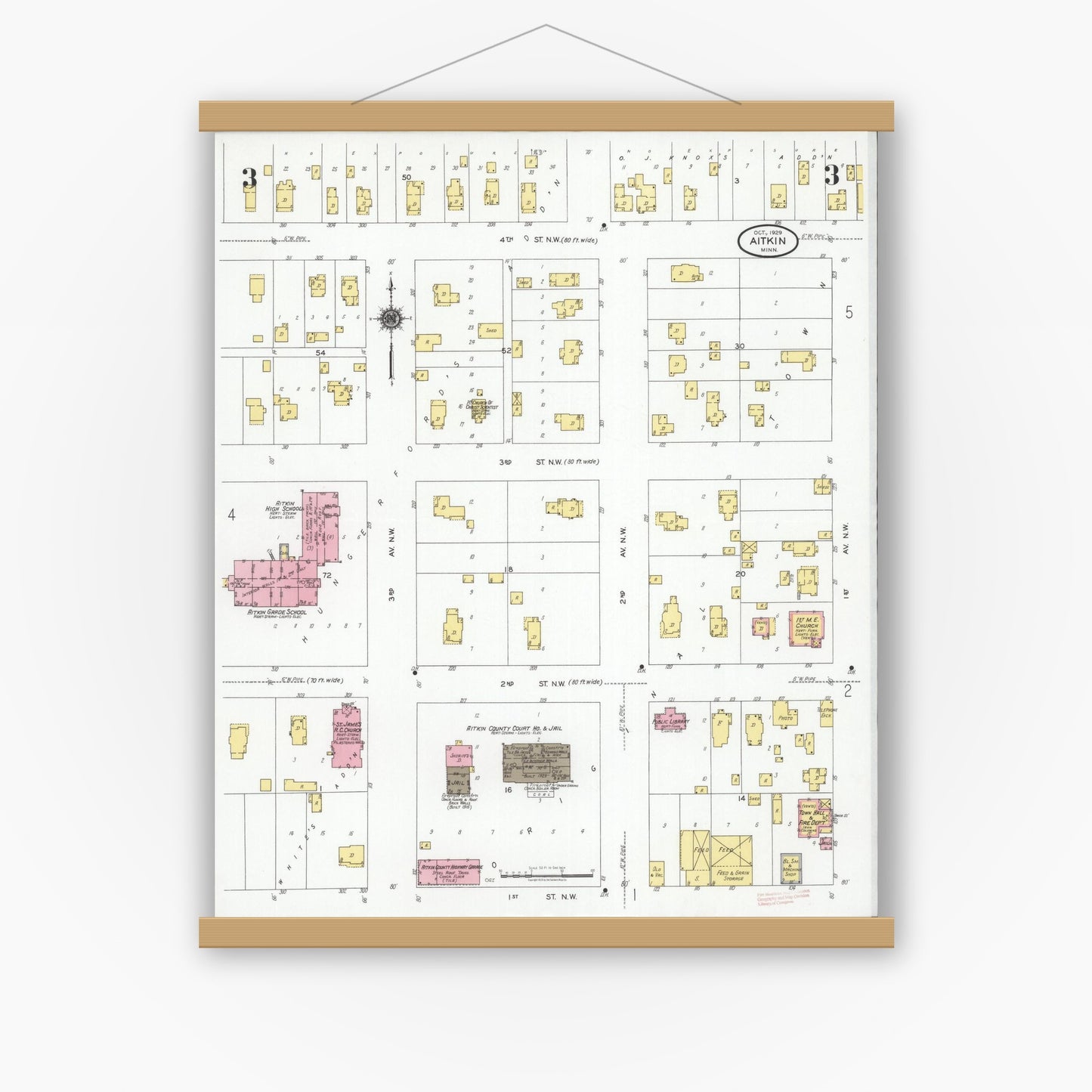 Old map wall art mockup — magnetic wood frame on white wall — Sanborn Fire Insurance Map from Aitkin, Aitkin County, Minnesota (1929), Sheet #0003