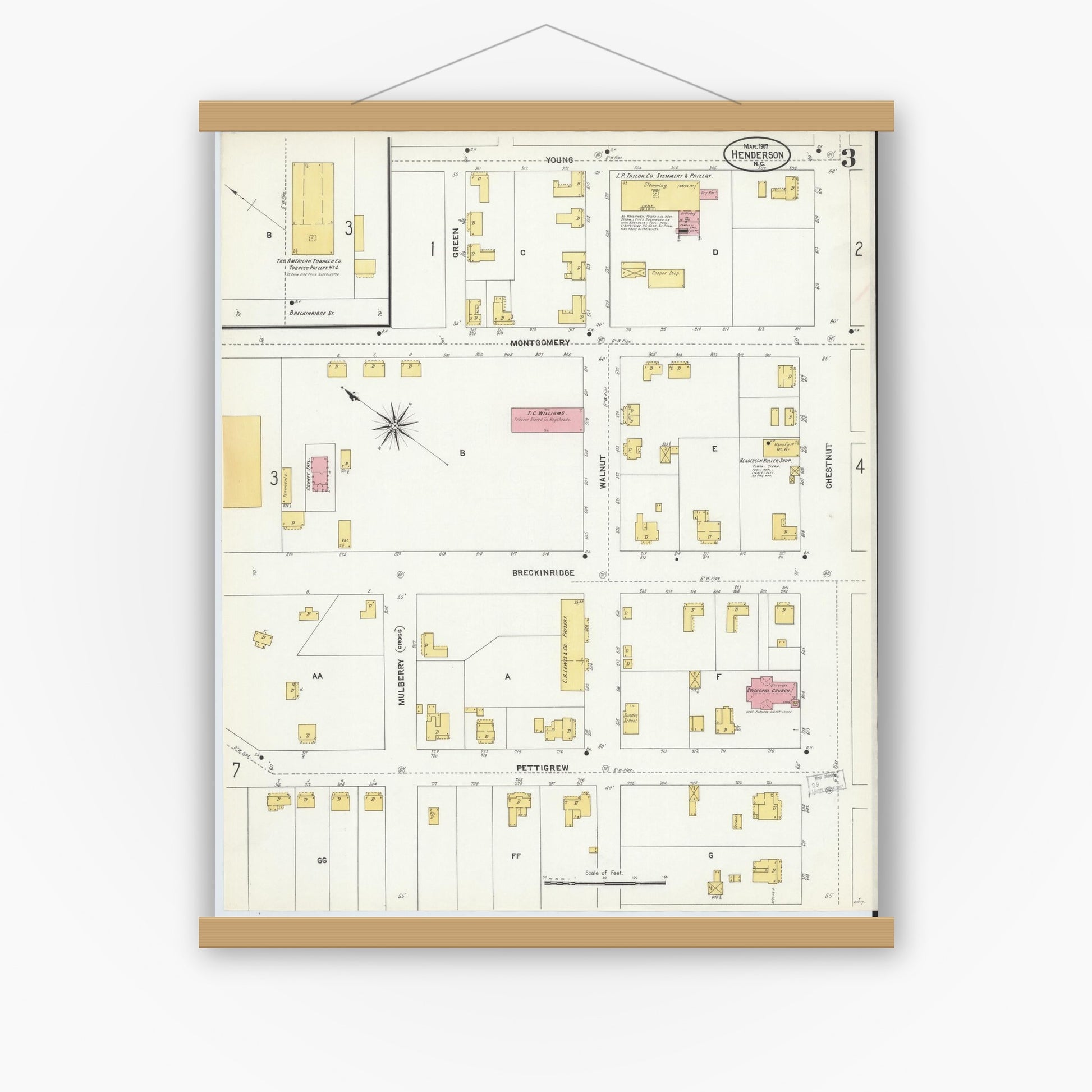 Old map wall art mockup — magnetic wood frame on white wall — Sanborn Fire Insurance Map from Henderson, Vance County, North Carolina (1907), Sheet #0003