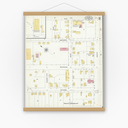 Old map wall art mockup — magnetic wood frame on white wall — Sanborn Fire Insurance Map from Henderson, Vance County, North Carolina (1907), Sheet #0003