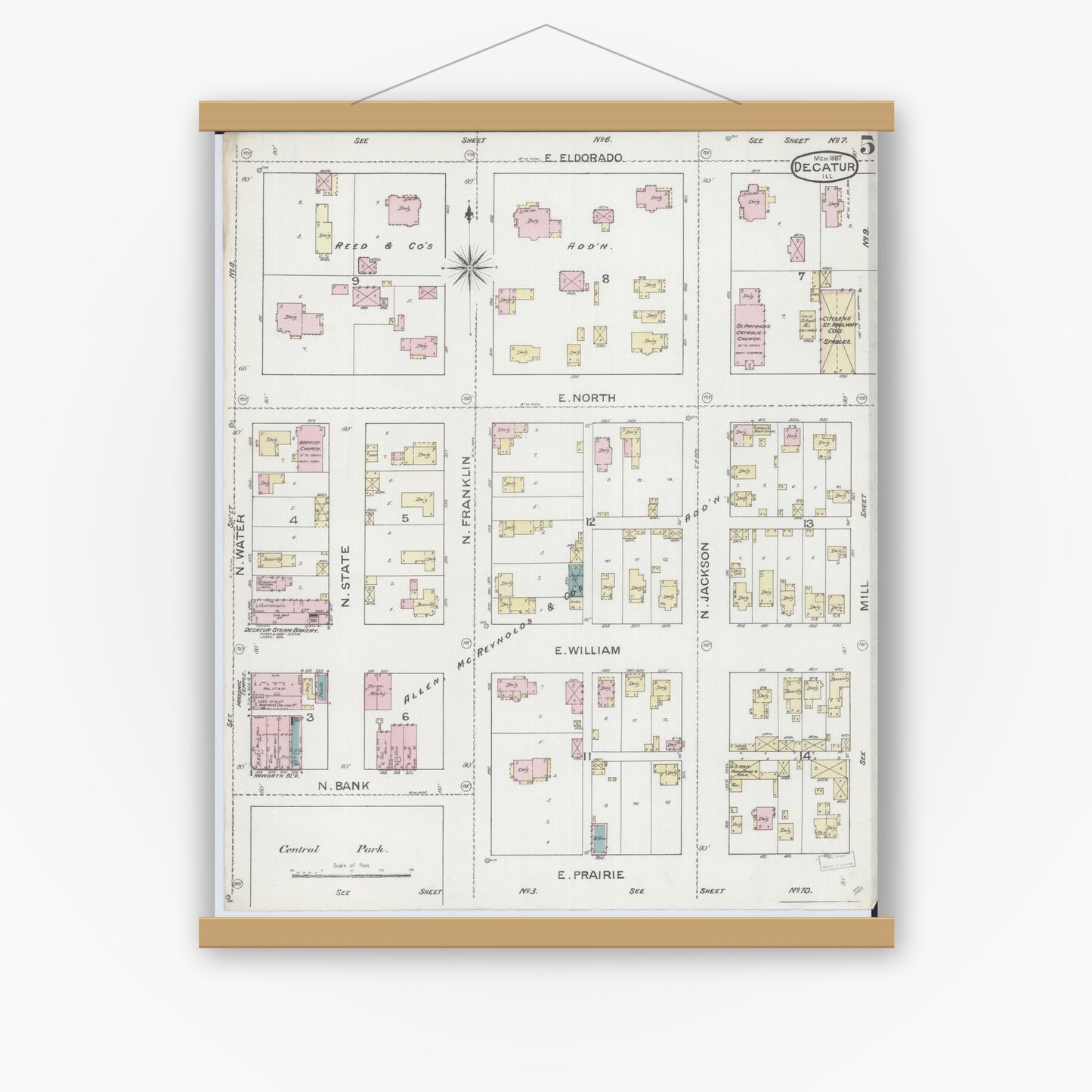 Old map wall art mockup — magnetic wood frame on white wall — Sanborn Fire Insurance Map from Decatur, Macon County, Illinois (1887), Sheet #0005