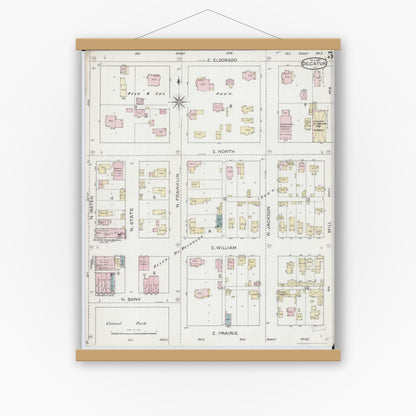 Old map wall art mockup — magnetic wood frame on white wall — Sanborn Fire Insurance Map from Decatur, Macon County, Illinois (1887), Sheet #0005