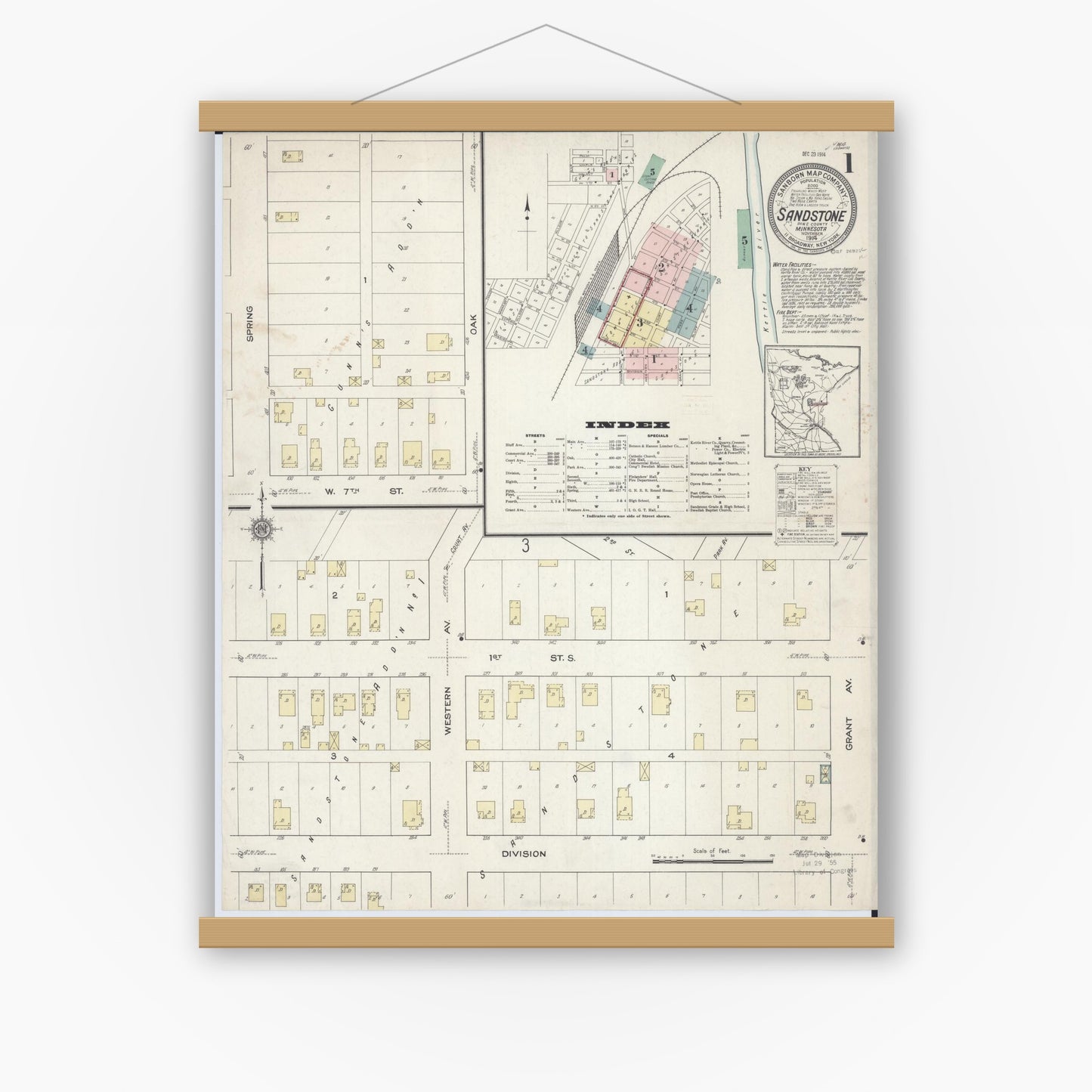 Old map wall art mockup — magnetic wood frame on white wall — Sanborn Fire Insurance Map from Sandstone, Pine County, Minnesota (1914) - Complete Map Set