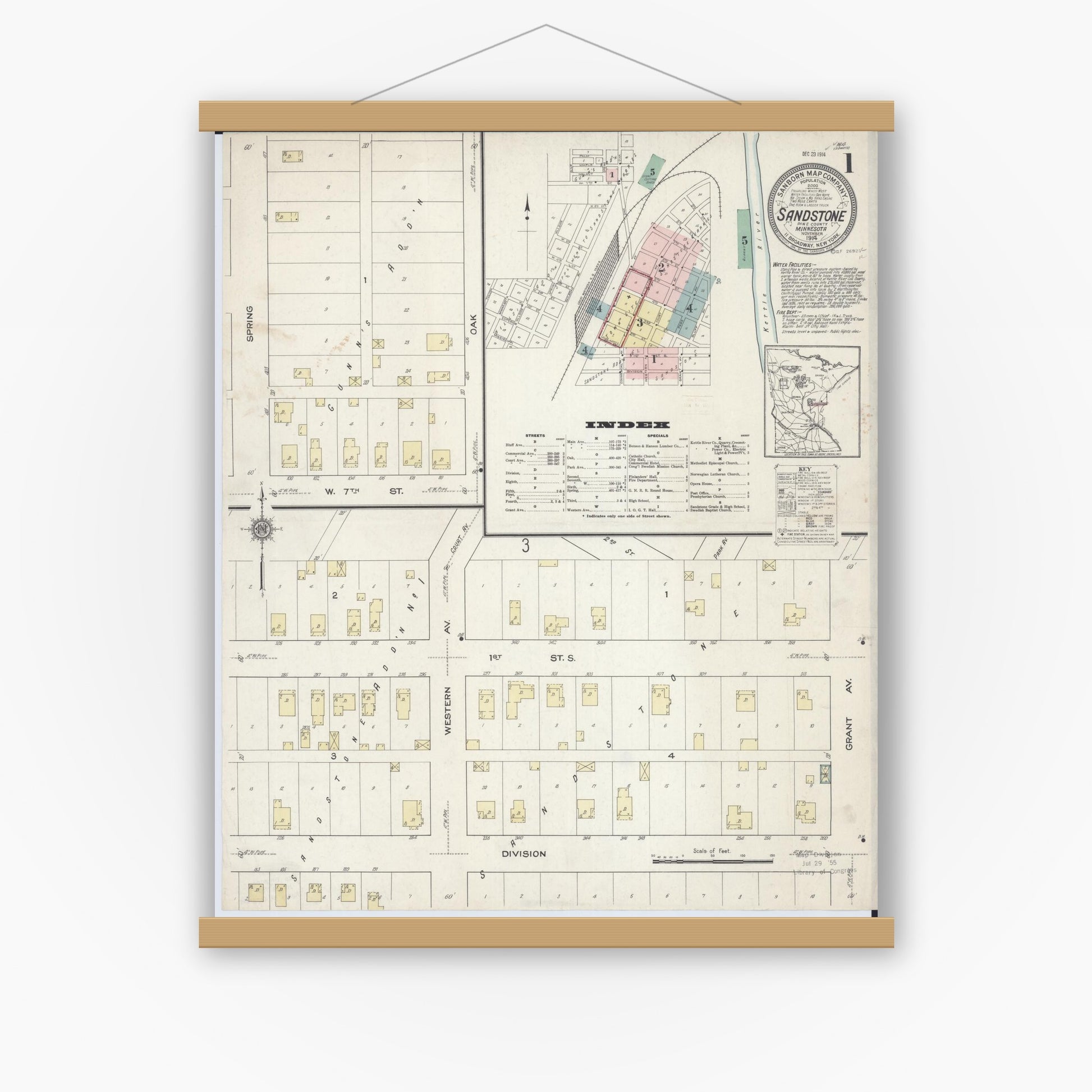 Old map wall art mockup — magnetic wood frame on white wall — Sanborn Fire Insurance Map from Sandstone, Pine County, Minnesota (1914) - Complete Map Set