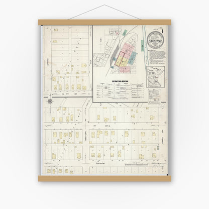 Old map wall art mockup — magnetic wood frame on white wall — Sanborn Fire Insurance Map from Sandstone, Pine County, Minnesota (1914) - Complete Map Set