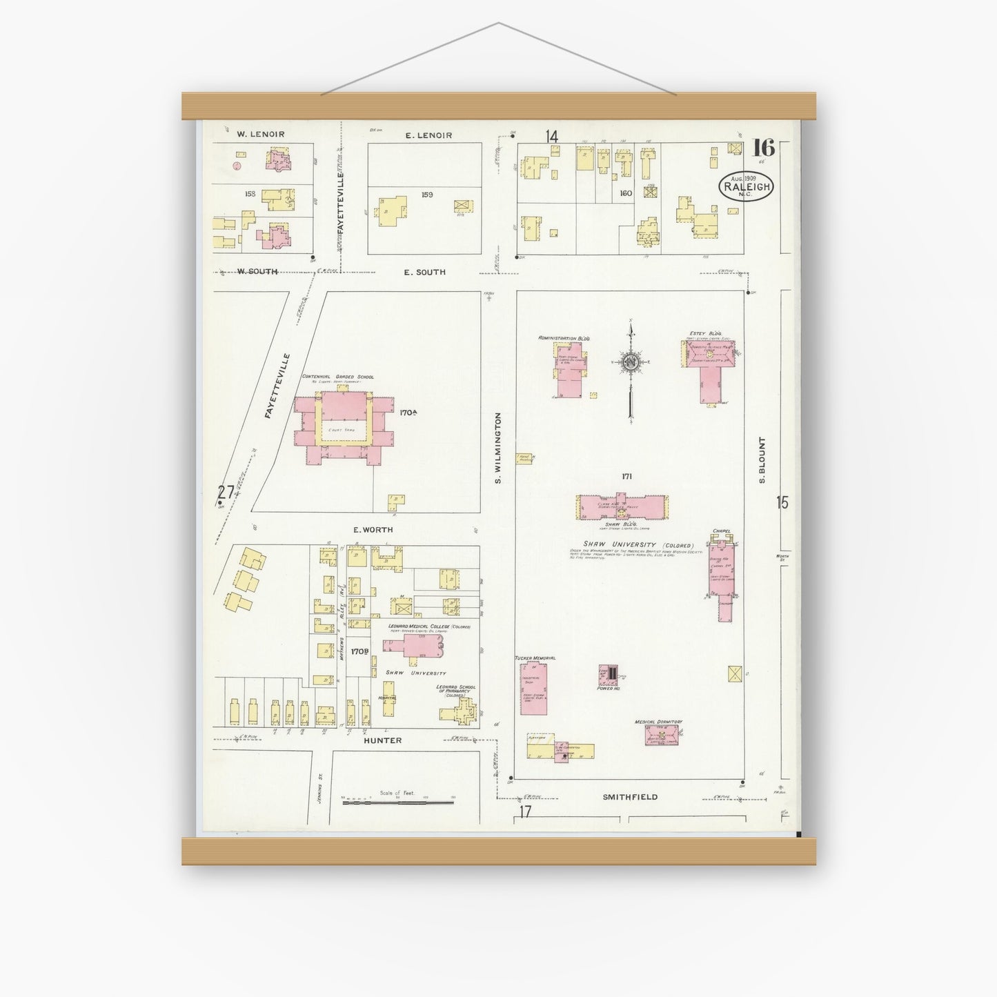 Old map wall art mockup — magnetic wood frame on white wall — Sanborn Fire Insurance Map from Raleigh, Wake County, North Carolina (1909), Sheet #0016