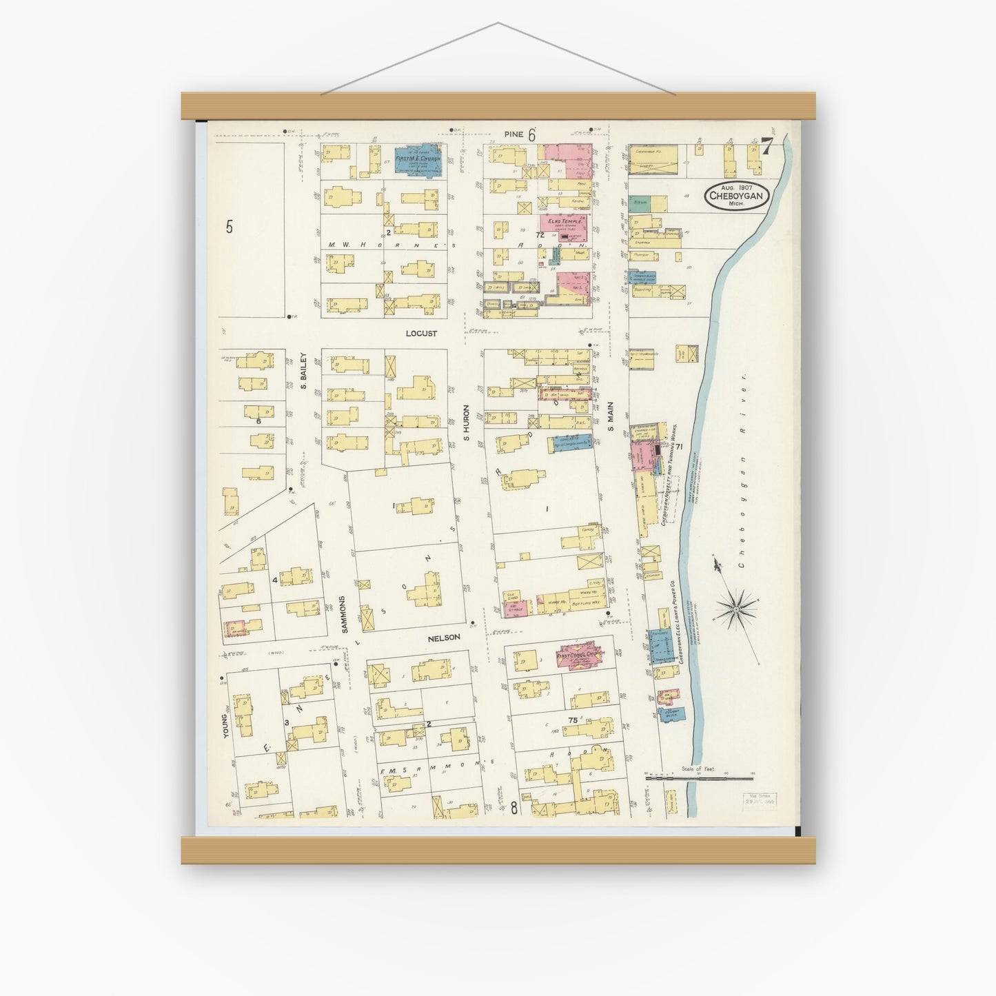 Old map wall art mockup — magnetic wood frame on white wall — Sanborn Fire Insurance Map from Cheboygan, Cheboygan County, Michigan (1907), Sheet #0007
