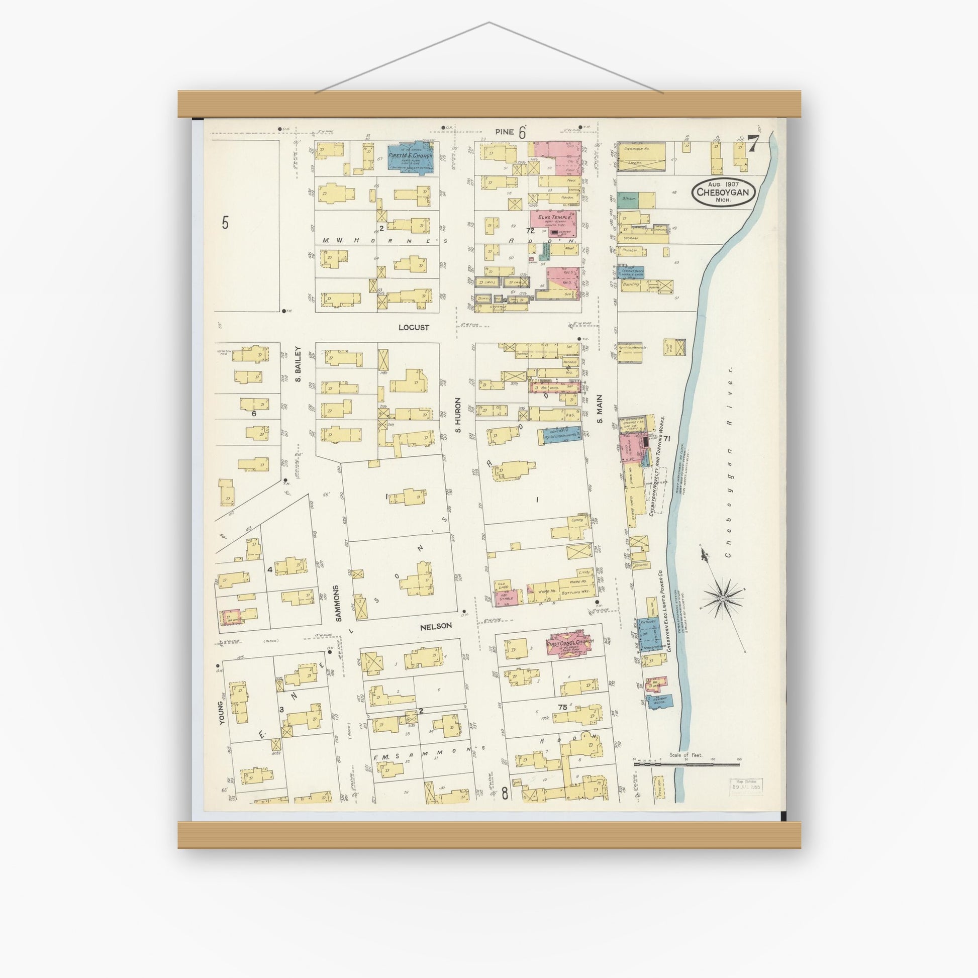 Old map wall art mockup — magnetic wood frame on white wall — Sanborn Fire Insurance Map from Cheboygan, Cheboygan County, Michigan (1907), Sheet #0007