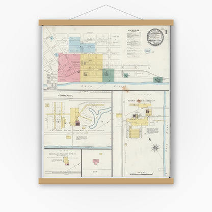 Old map wall art mockup — magnetic wood frame on white wall — Sanborn Fire Insurance Map from Mound City, Pulaski County, Illinois (1894), Sheet #0001