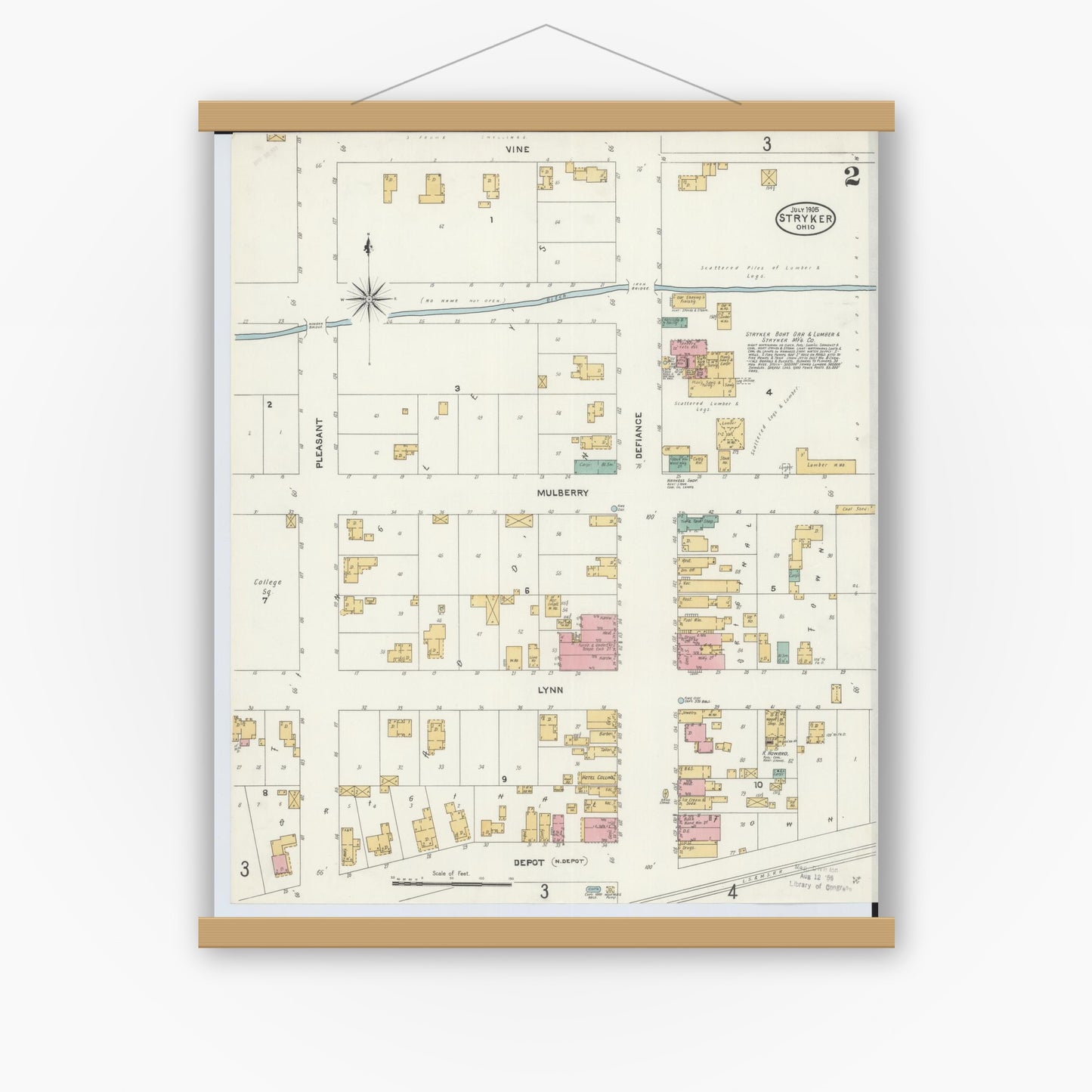 Old map wall art mockup — magnetic wood frame on white wall — Sanborn Fire Insurance Map from Stryker, Williams County, Ohio (1905), Sheet #0002