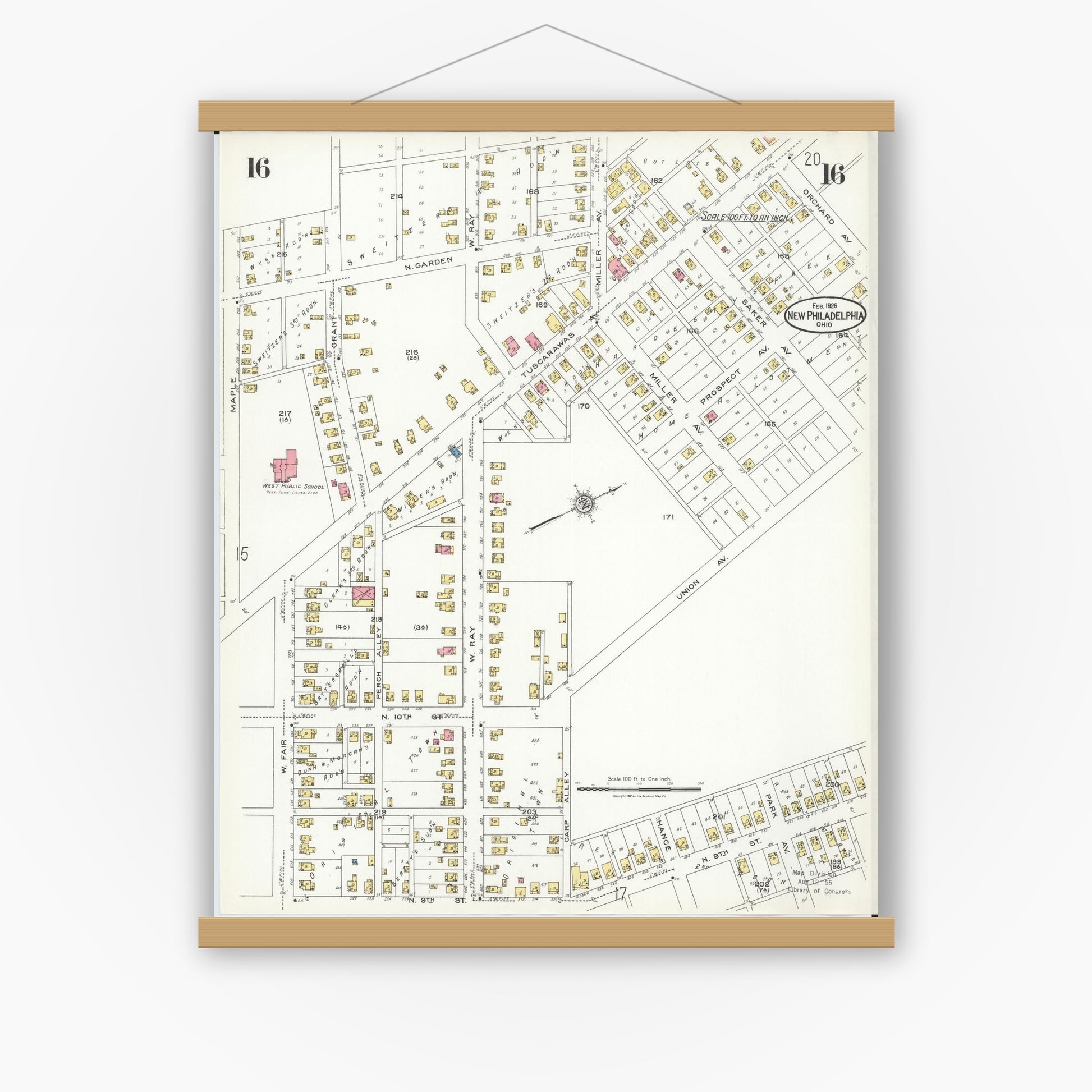 Old map wall art mockup — magnetic wood frame on white wall — Sanborn Fire Insurance Map from New Philadelphia, Tuscarawas County, Ohio (1926), Sheet #0016