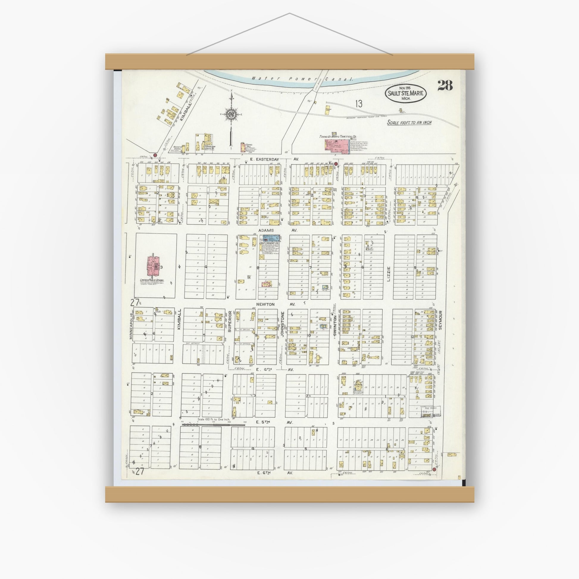Old map wall art mockup — magnetic wood frame on white wall — Sanborn Fire Insurance Map from Sault Sainte Marie, Chippewa County, Michigan (1915), Sheet #0028