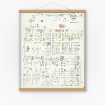Old map wall art mockup — magnetic wood frame on white wall — Sanborn Fire Insurance Map from Sault Sainte Marie, Chippewa County, Michigan (1915), Sheet #0028