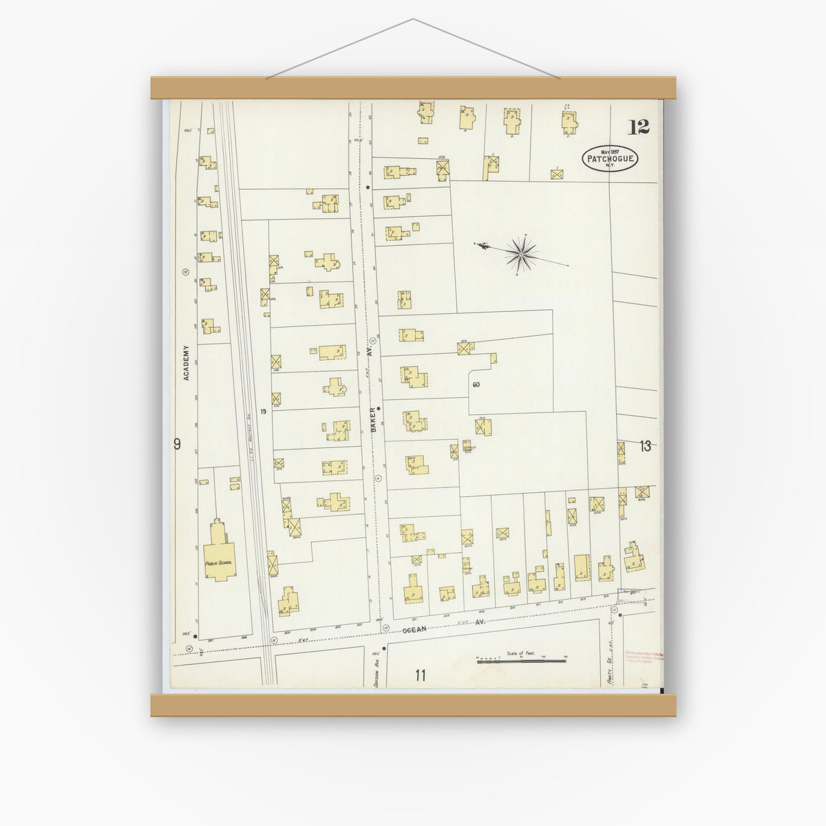 Old map wall art mockup — magnetic wood frame on white wall — Sanborn Fire Insurance Map from Patchogue, Suffolk County, New York (1897), Sheet #0012