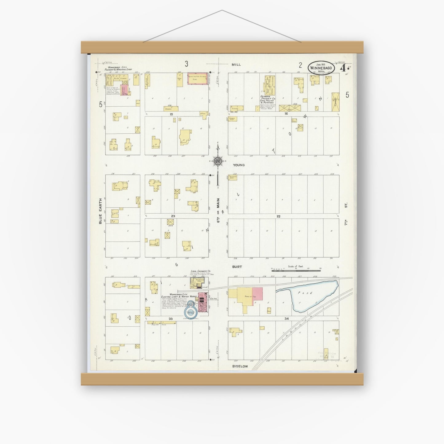 Old map wall art mockup — magnetic wood frame on white wall — Sanborn Fire Insurance Map from Winnebago, Faribault County, Minnesota (1911), Sheet #0004