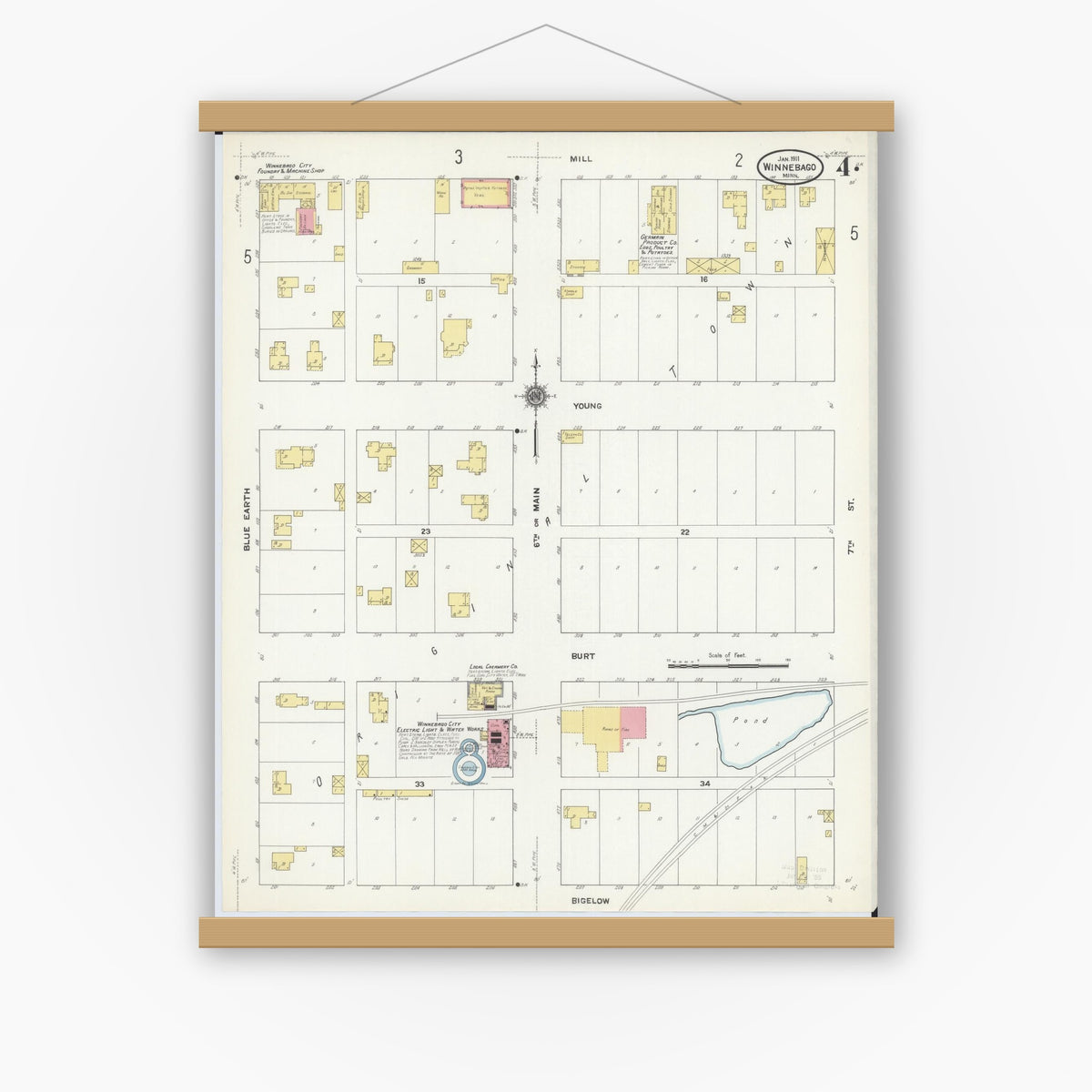 Old map wall art mockup — magnetic wood frame on white wall — Sanborn Fire Insurance Map from Winnebago, Faribault County, Minnesota (1911), Sheet #0004