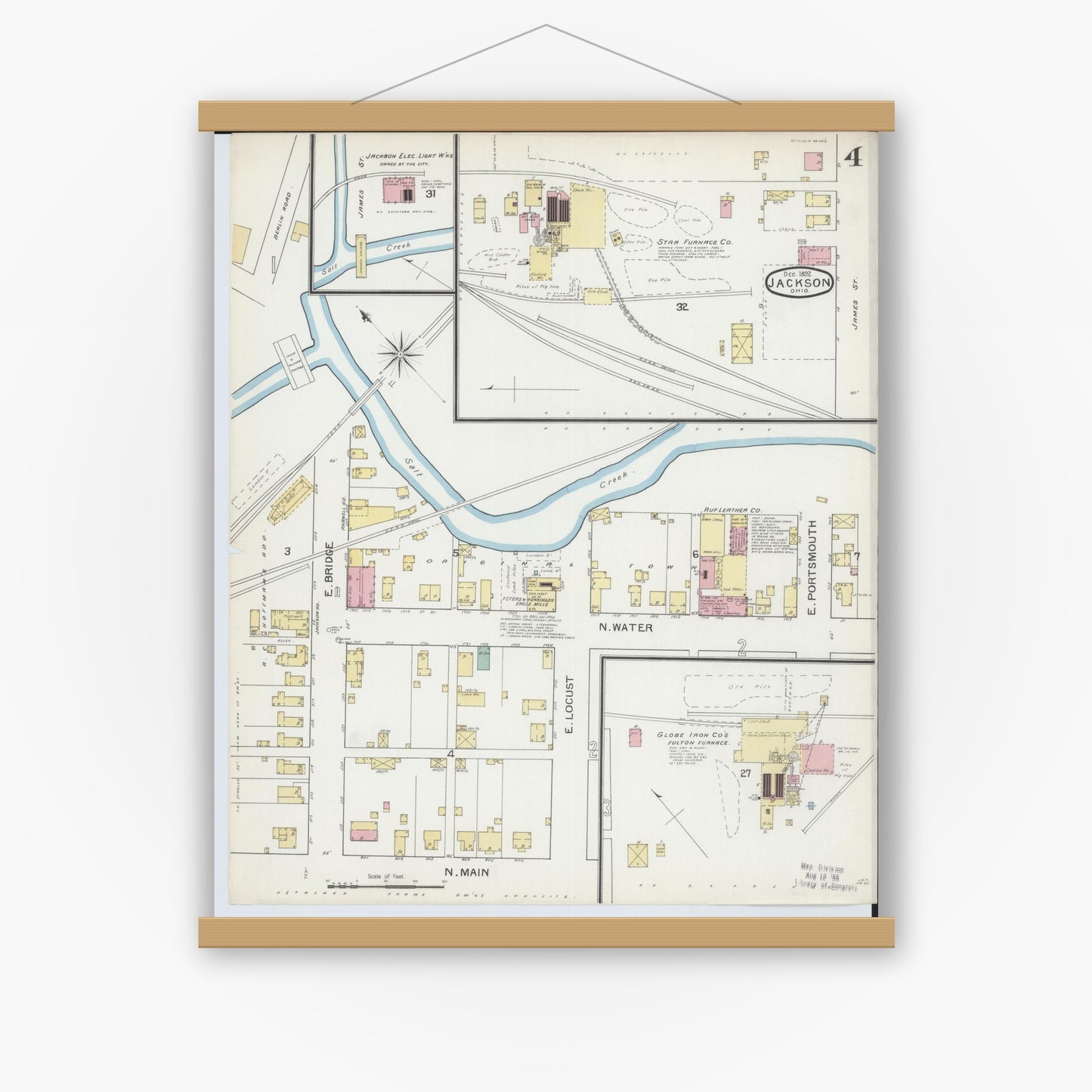 Old map wall art mockup — magnetic wood frame on white wall — Sanborn Fire Insurance Map from Jackson, Jackson County, Ohio (1892), Sheet #0004