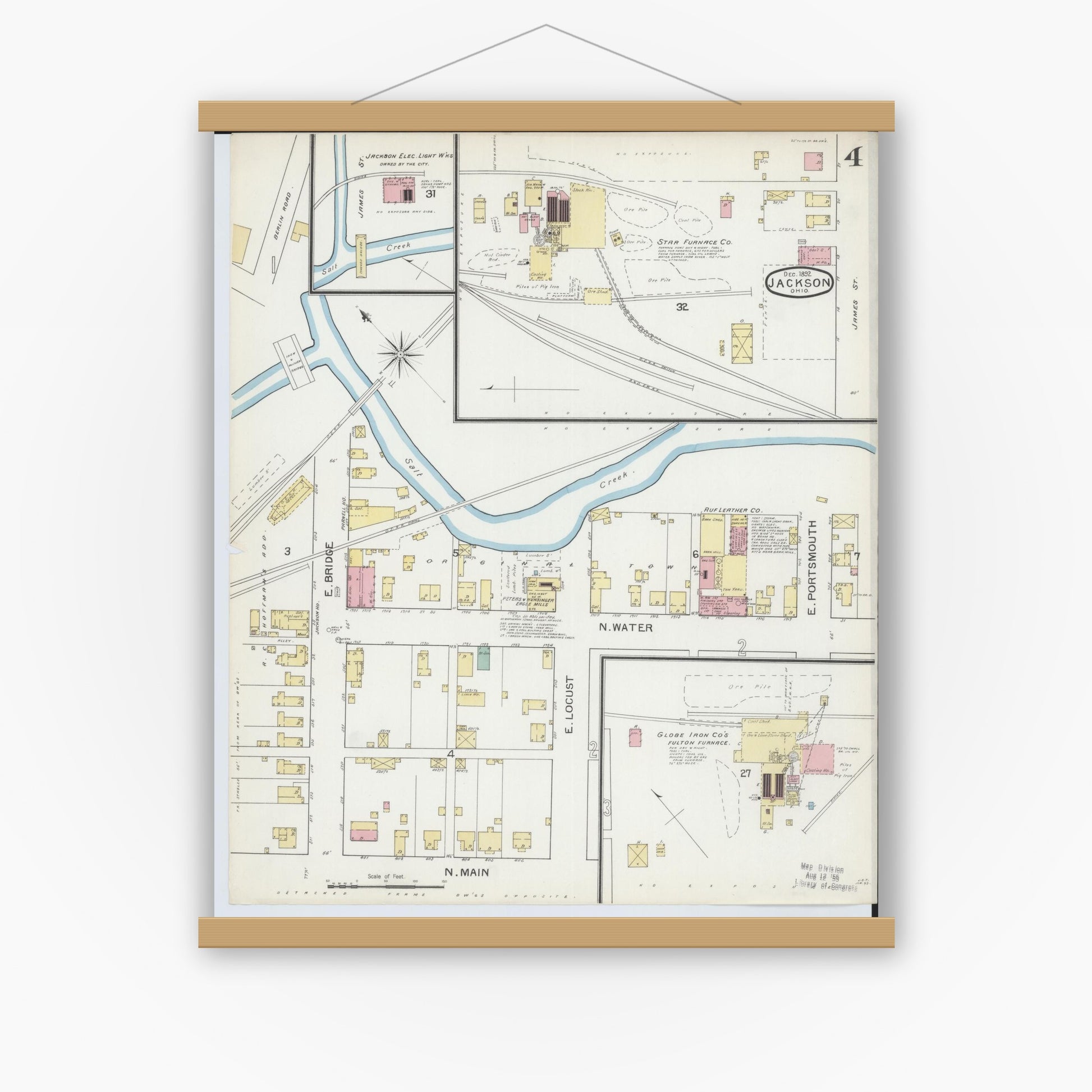 Old map wall art mockup — magnetic wood frame on white wall — Sanborn Fire Insurance Map from Jackson, Jackson County, Ohio (1892), Sheet #0004