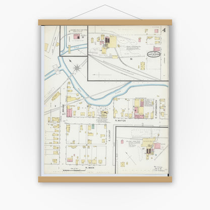 Old map wall art mockup — magnetic wood frame on white wall — Sanborn Fire Insurance Map from Jackson, Jackson County, Ohio (1892), Sheet #0004