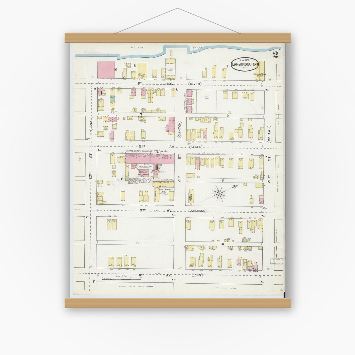 Old map wall art mockup — magnetic wood frame on white wall — Sanborn Fire Insurance Map from Lansingburg, Rensselaer County, New York (1892) - Complete Map Set