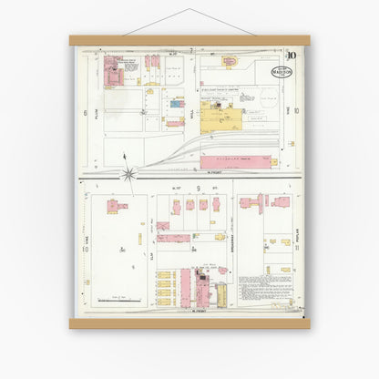 Old map wall art mockup — magnetic wood frame on white wall — Sanborn Fire Insurance Map from Madison, Jefferson County, Indiana (1904), Sheet #0010