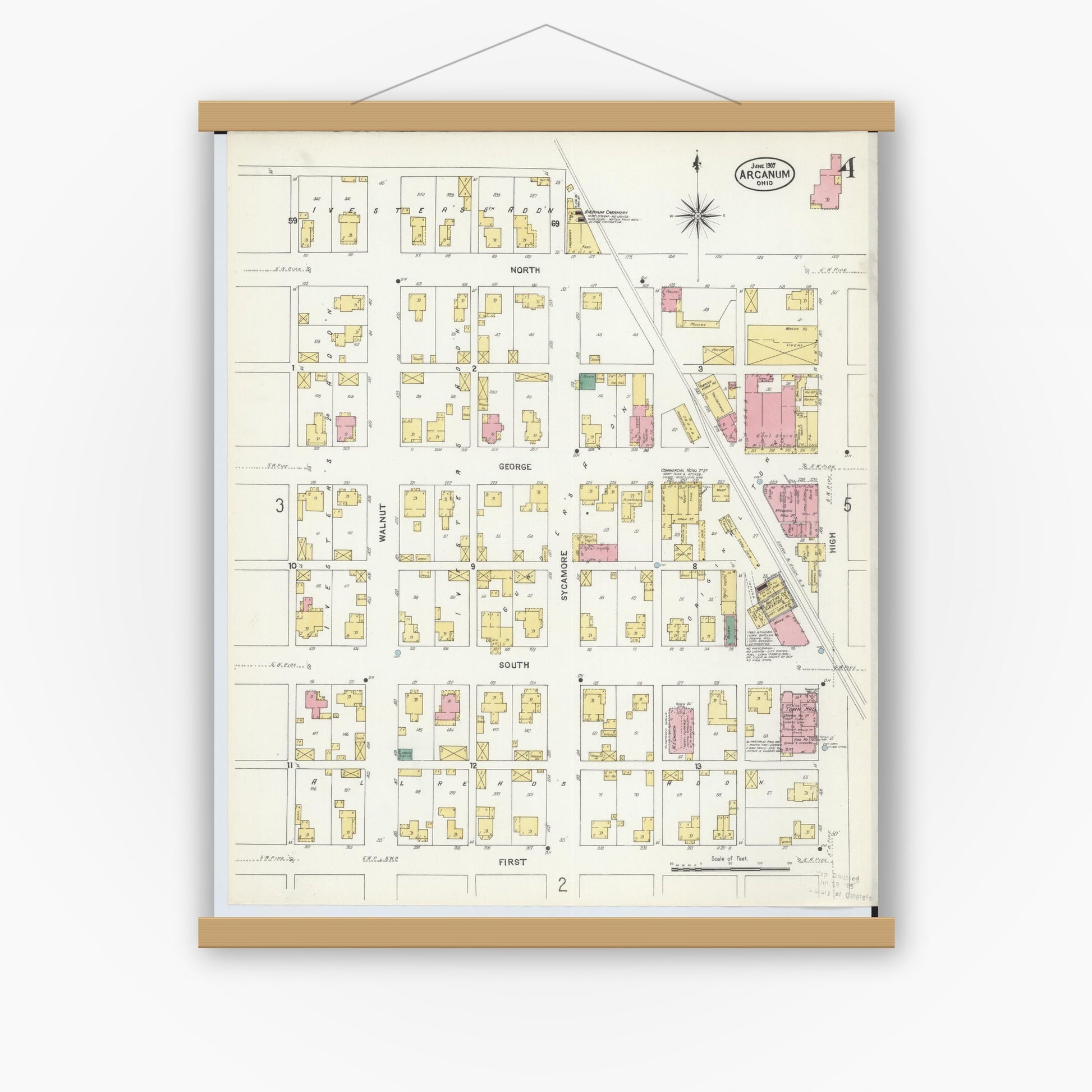 Old map wall art mockup — magnetic wood frame on white wall — Sanborn Fire Insurance Map from Arcanum, Darke County, Ohio (1907), Sheet #0004