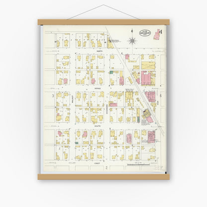 Old map wall art mockup — magnetic wood frame on white wall — Sanborn Fire Insurance Map from Arcanum, Darke County, Ohio (1907), Sheet #0004