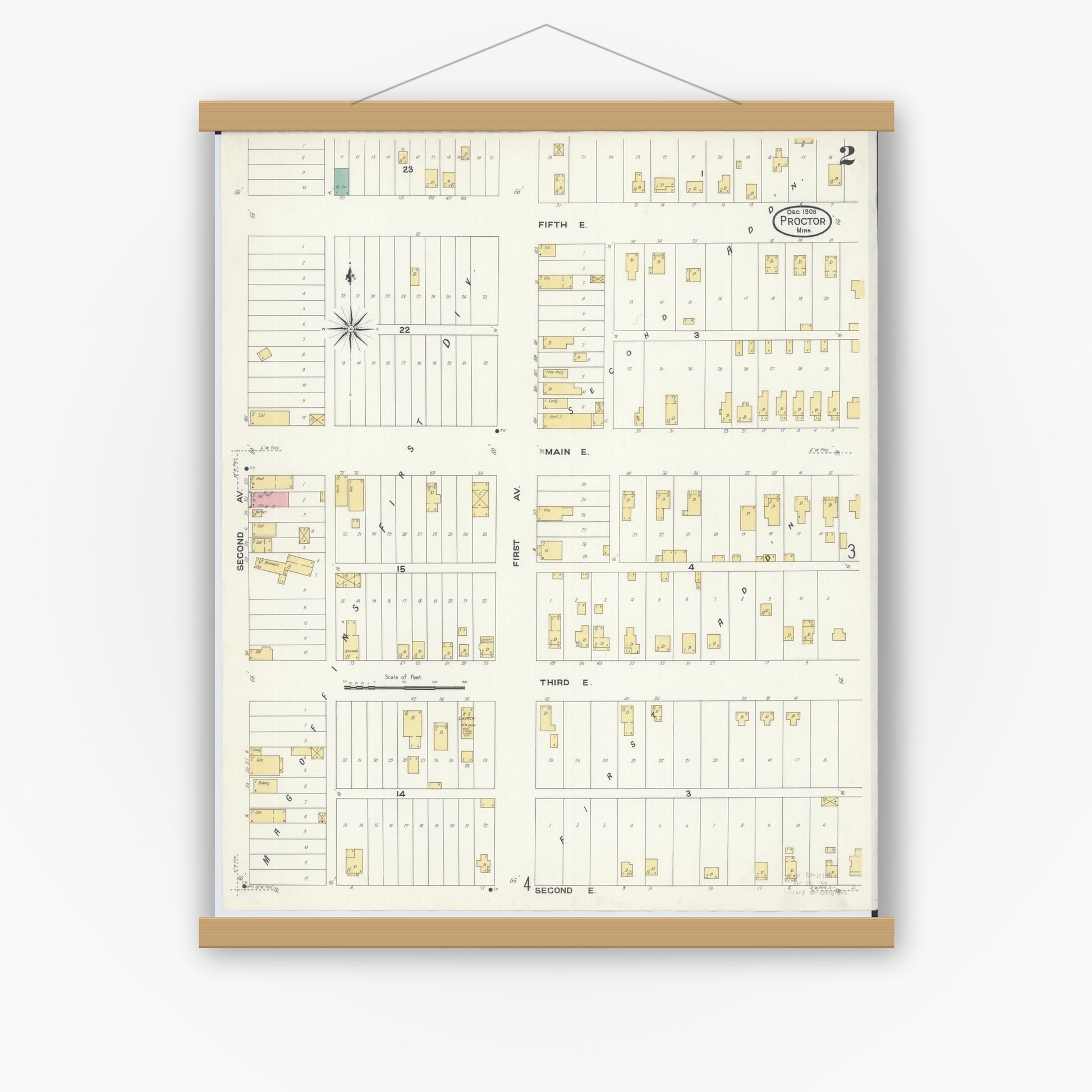 Old map wall art mockup — magnetic wood frame on white wall — Sanborn Fire Insurance Map from Proctor, Saint Louis County, Minnesota (1908), Sheet #0002
