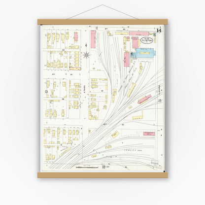 Old map wall art mockup — magnetic wood frame on white wall — Sanborn Fire Insurance Map from Clinton, Clinton County, Iowa (1897), Sheet #0014