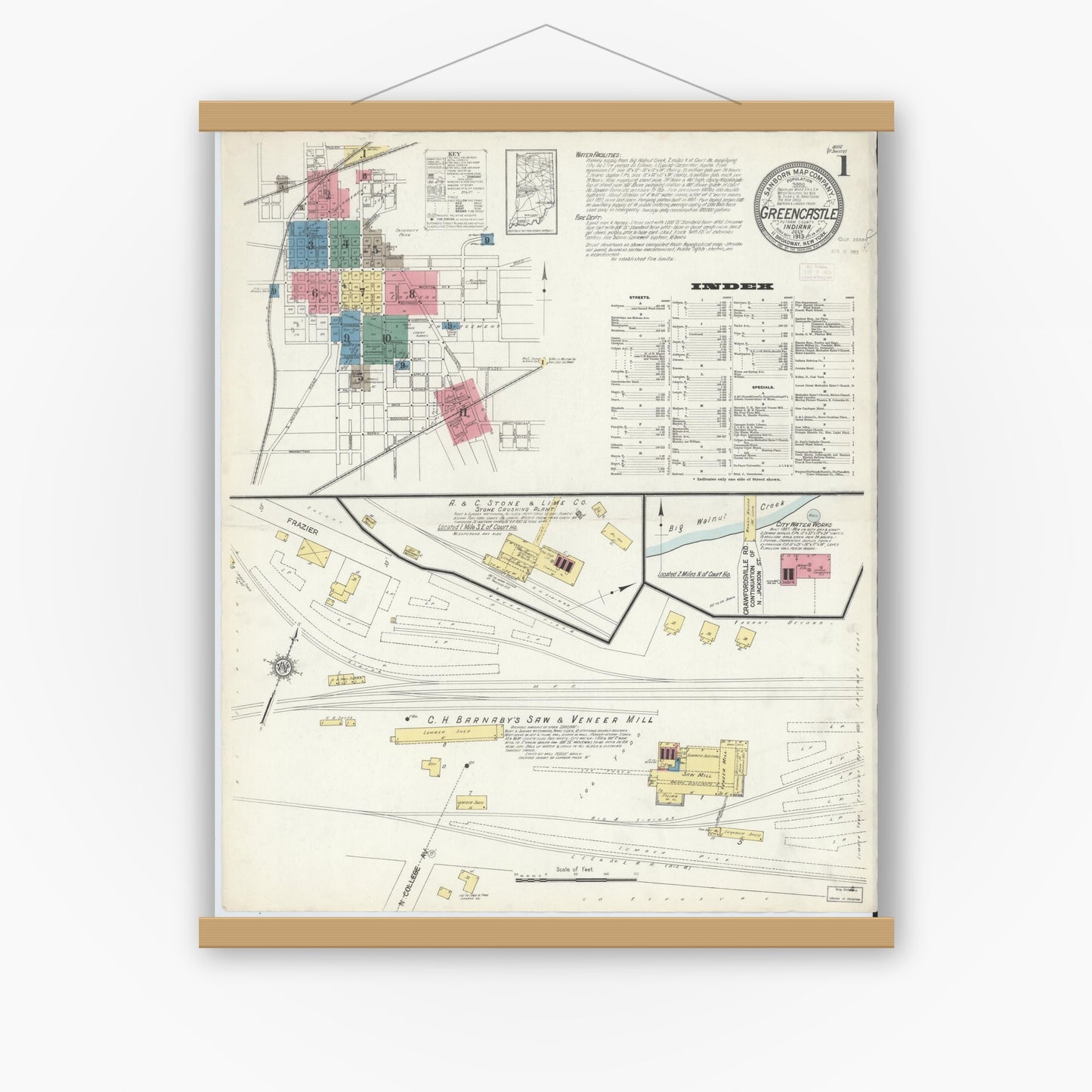 Old map wall art mockup — magnetic wood frame on white wall — Sanborn Fire Insurance Map from Greencastle, Putnam County, Indiana (1913) - Complete Map Set