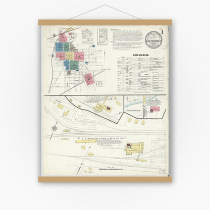 Old map wall art mockup — magnetic wood frame on white wall — Sanborn Fire Insurance Map from Greencastle, Putnam County, Indiana (1913) - Complete Map Set