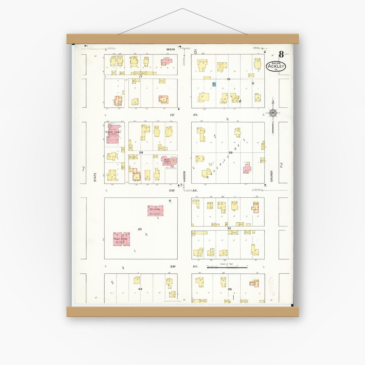 Old map wall art mockup — magnetic wood frame on white wall — Sanborn Fire Insurance Map from Ackley, Hardin and Franklin Counties, Iowa (1916), Sheet #0008