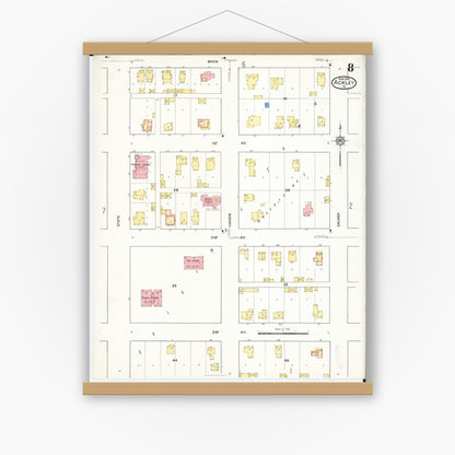 Old map wall art mockup — magnetic wood frame on white wall — Sanborn Fire Insurance Map from Ackley, Hardin and Franklin Counties, Iowa (1916), Sheet #0008