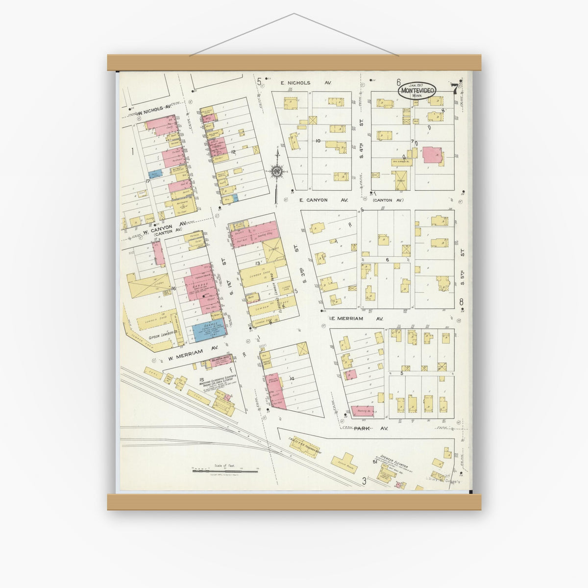 Old map wall art mockup — magnetic wood frame on white wall — Sanborn Fire Insurance Map from Montevideo, Chippewa County, Minnesota (1917), Sheet #0007