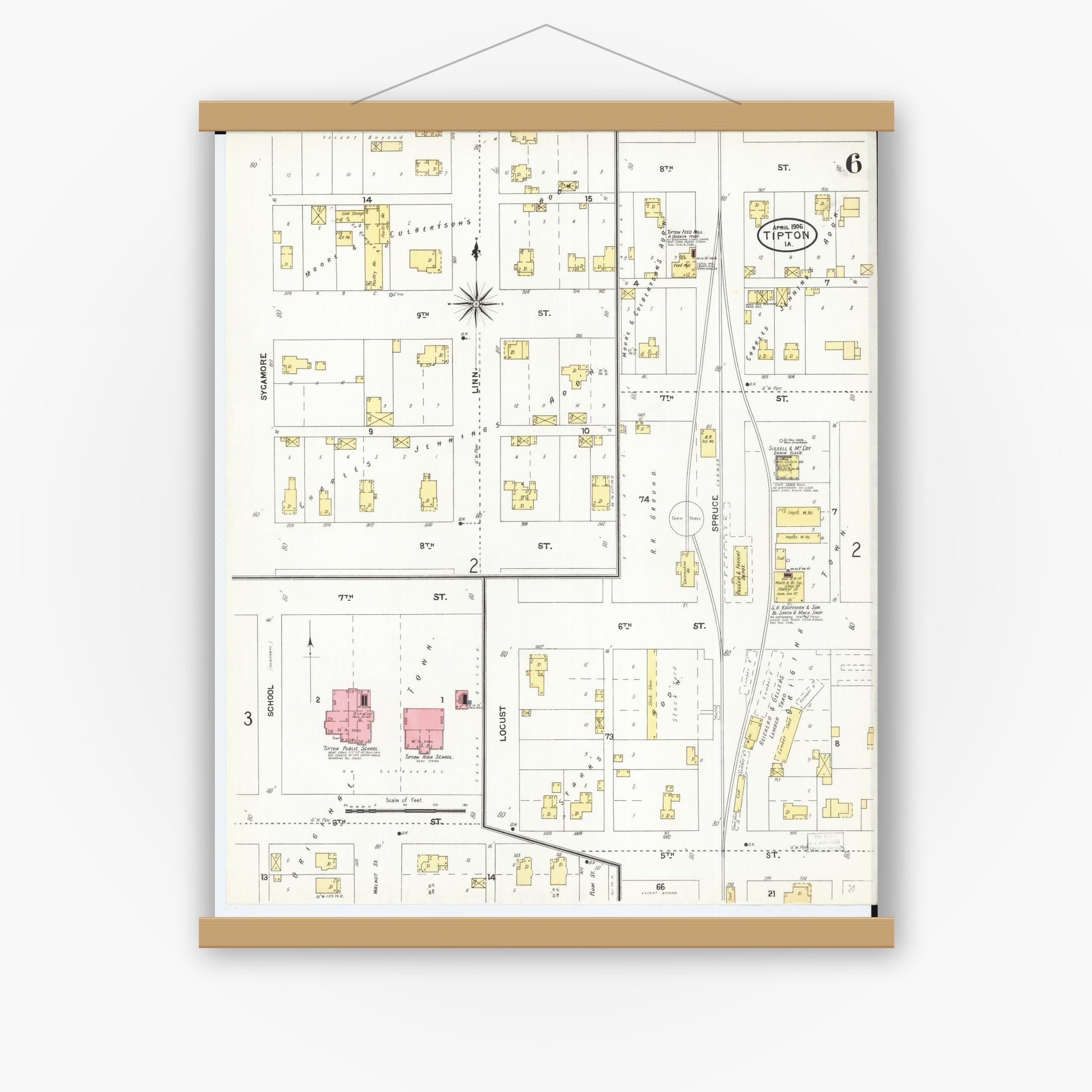 Old map wall art mockup — magnetic wood frame on white wall — Sanborn Fire Insurance Map from Tipton, Cedar County, Iowa (1906), Sheet #0006
