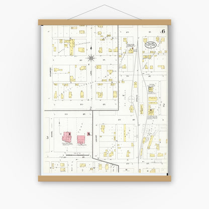 Old map wall art mockup — magnetic wood frame on white wall — Sanborn Fire Insurance Map from Tipton, Cedar County, Iowa (1906), Sheet #0006