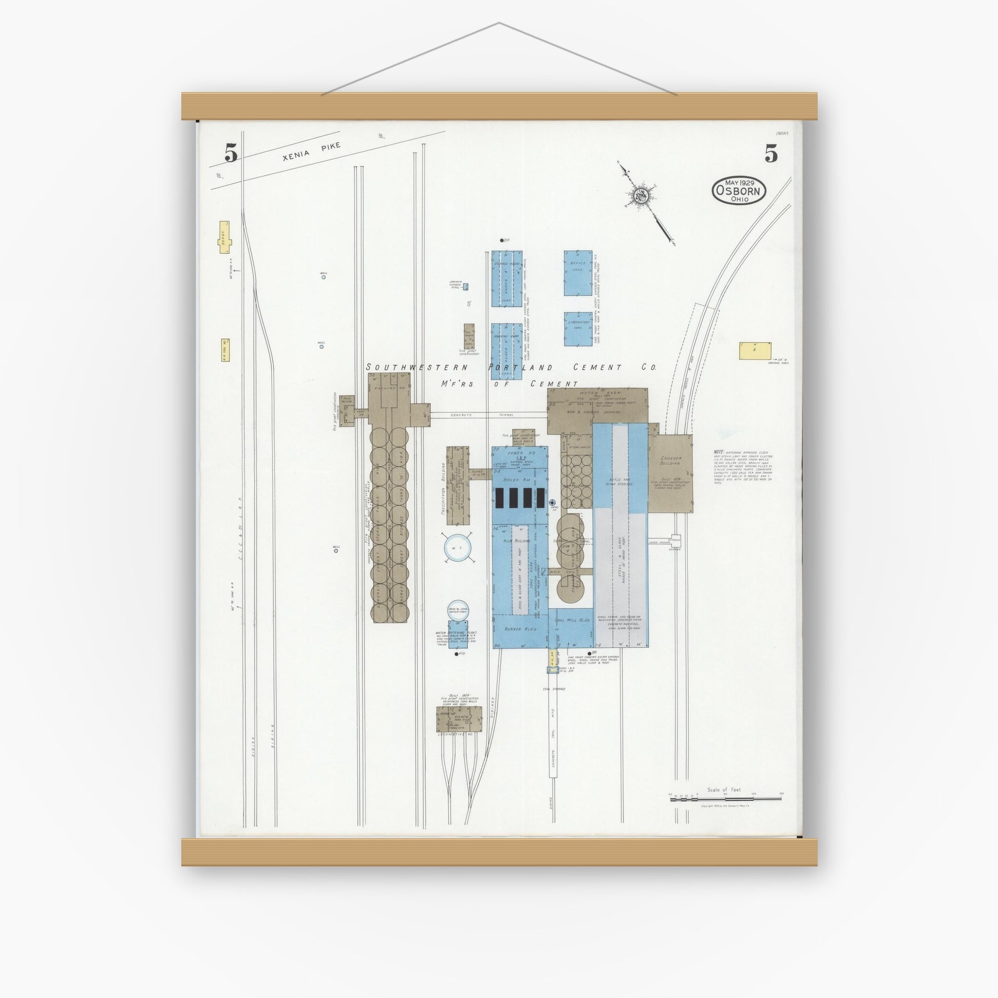 Old map wall art mockup — magnetic wood frame on white wall — Sanborn Fire Insurance Map from Osborn, Greene County, Ohio (1929), Sheet #0005