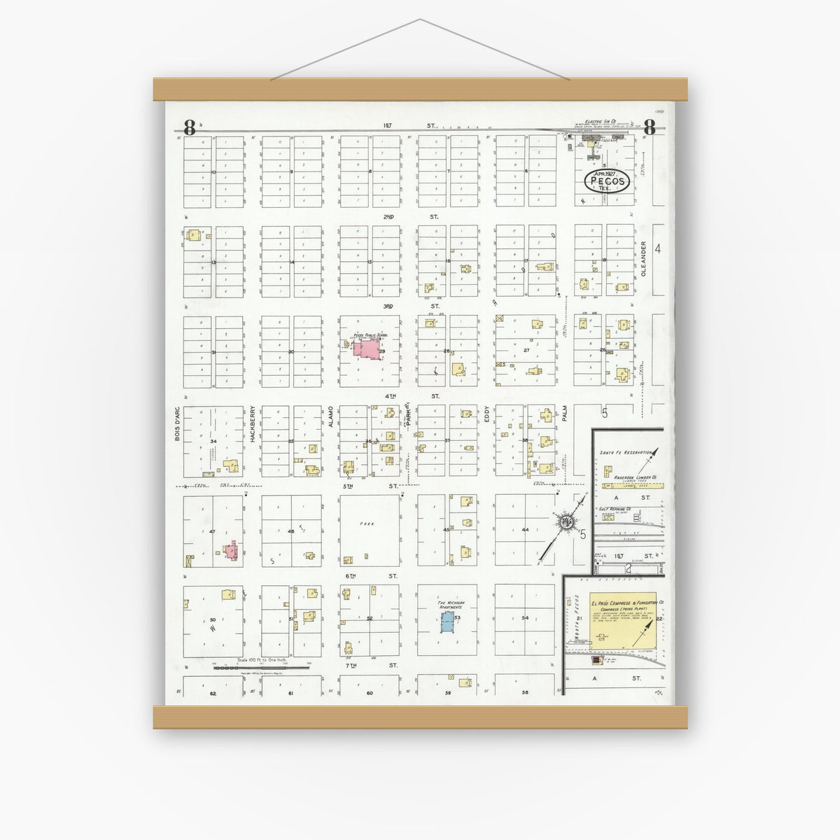 Old map wall art mockup — magnetic wood frame on white wall — Sanborn Fire Insurance Map from Pecos, Reeves County, Texas (1927), Sheet #0008