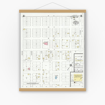 Old map wall art mockup — magnetic wood frame on white wall — Sanborn Fire Insurance Map from Pecos, Reeves County, Texas (1927), Sheet #0008