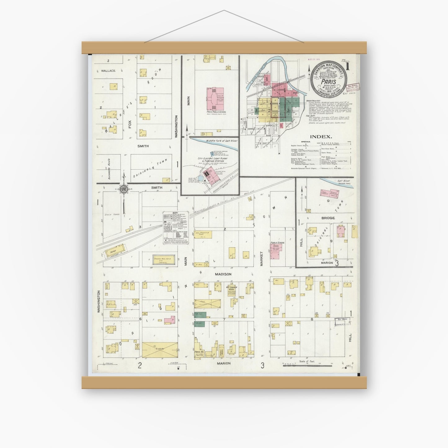 Old map wall art mockup — magnetic wood frame on white wall — Sanborn Fire Insurance Map from Paris, Monroe County, Missouri (1910), Sheet #0001