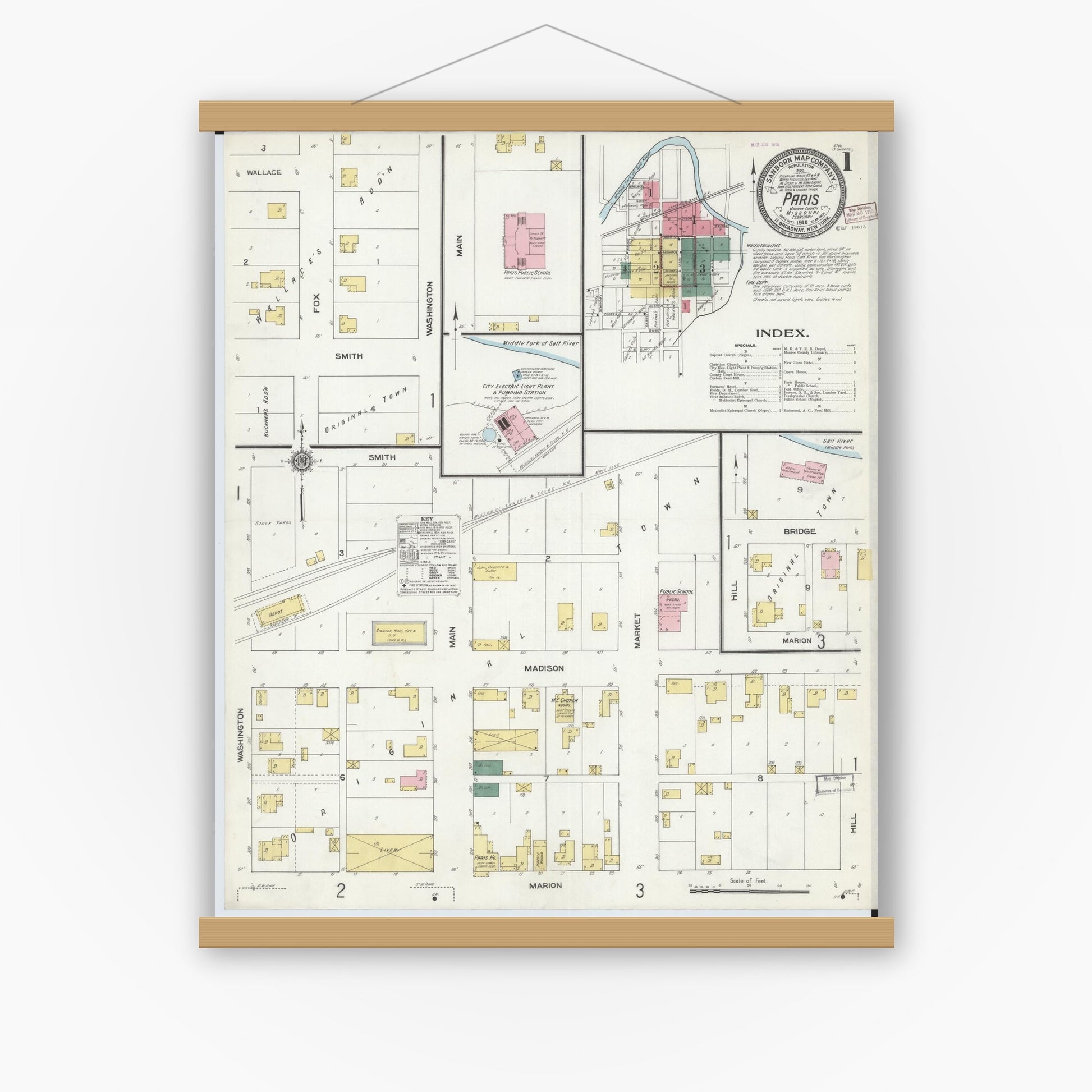 Old map wall art mockup — magnetic wood frame on white wall — Sanborn Fire Insurance Map from Paris, Monroe County, Missouri (1910), Sheet #0001