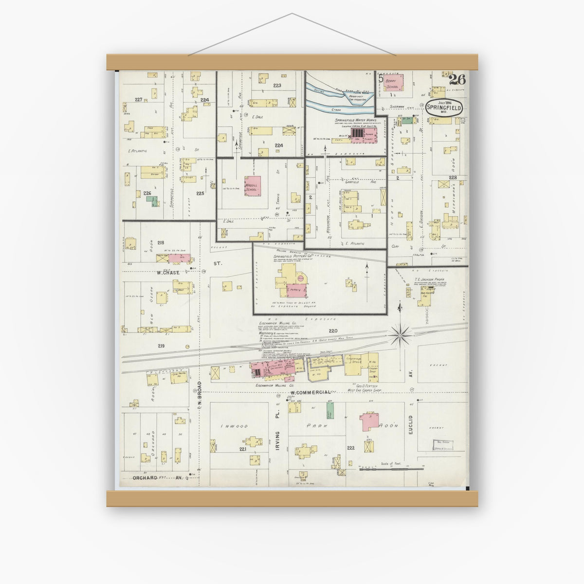 Old map wall art mockup — magnetic wood frame on white wall — Sanborn Fire Insurance Map from Springfield, Greene County, Missouri (1896), Sheet #0026